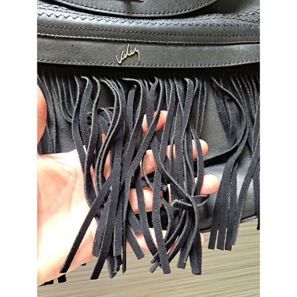 Valez Black Fringe Leather Backpack Embroidered Flap Turn-Lock Closure Large - Picture 6 of 16